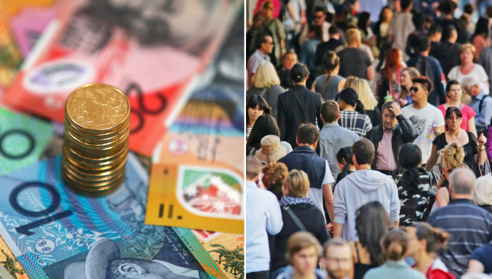 Australian currency and a crowd of people walking to represent the rising cost of living.