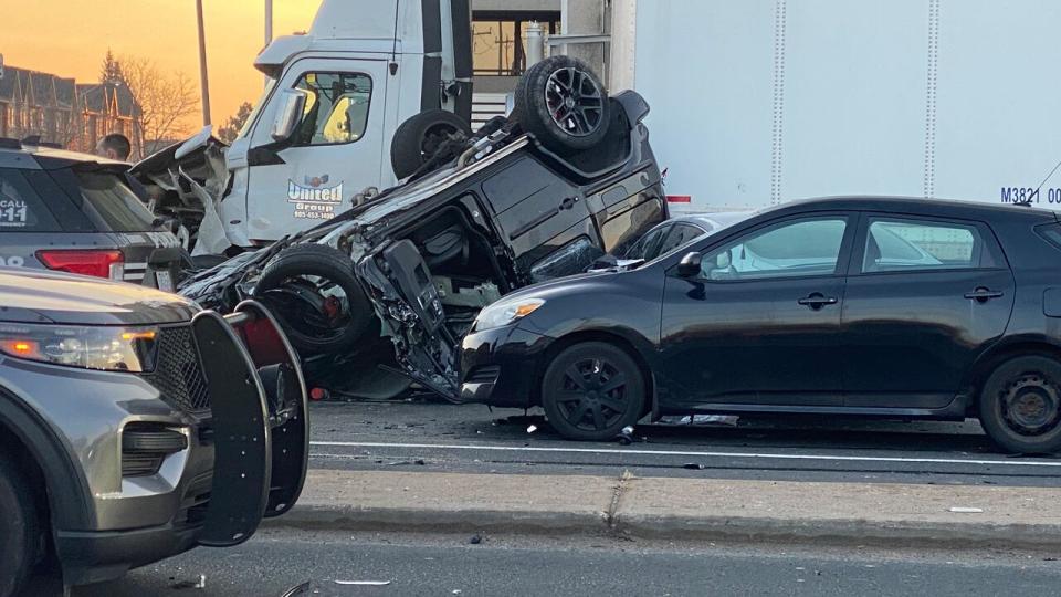 One of the vehicles involved in the crash rolled over.