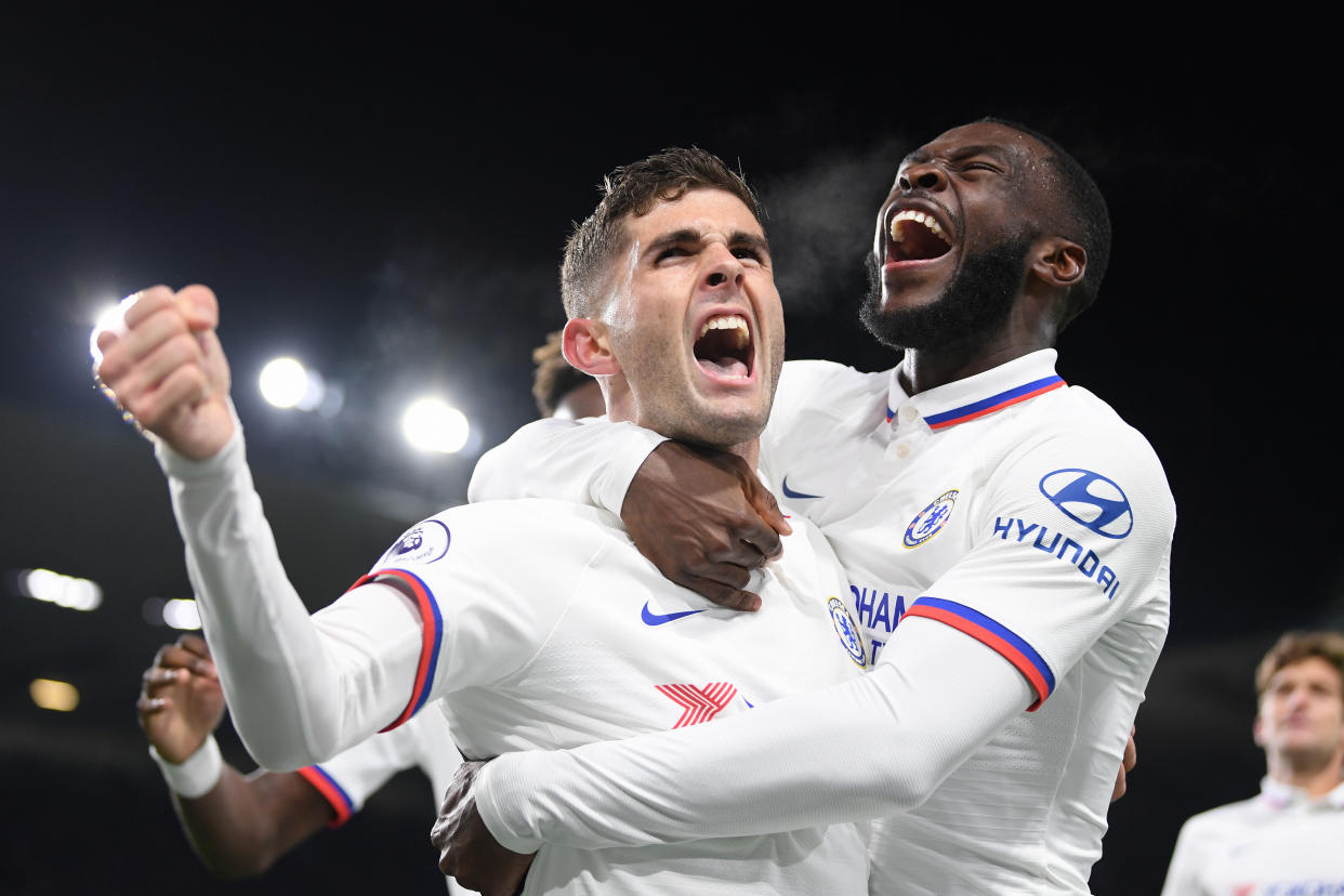 BURNLEY, ENGLAND - OCTOBER 26: Christian Pulisic of Chelsea celebrates with teammates after scoring his team's third goal during the Premier League match between Burnley FC and Chelsea FC at Turf Moor on October 26, 2019 in Burnley, United Kingdom. (Photo by Darren Walsh/Chelsea FC via Getty Images)