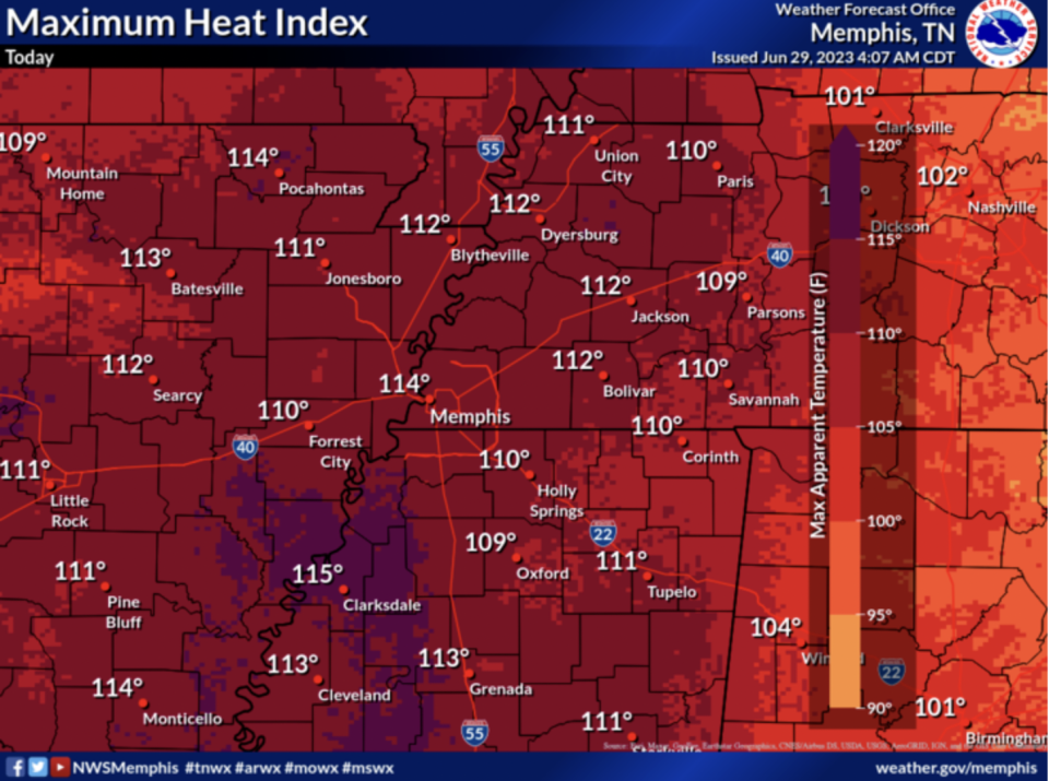 Heat indexes for the Memphis area could get close to 115 degrees on Thursday, according to the National Weather Service.