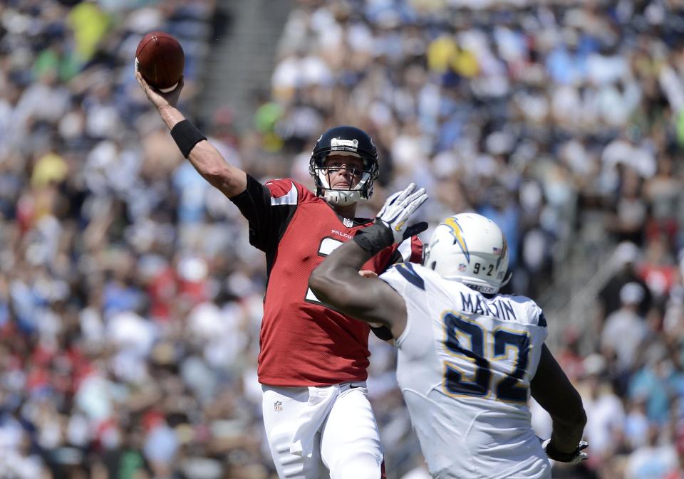 Vaughn Martin #92 of the San Diego Chargers pressures Matt Ryan #2 of the Atlanta Falcons on September 23, 2012 at Qualcomm Stadium in San Diego, California. (Photo by Donald Miralle/Getty Images)