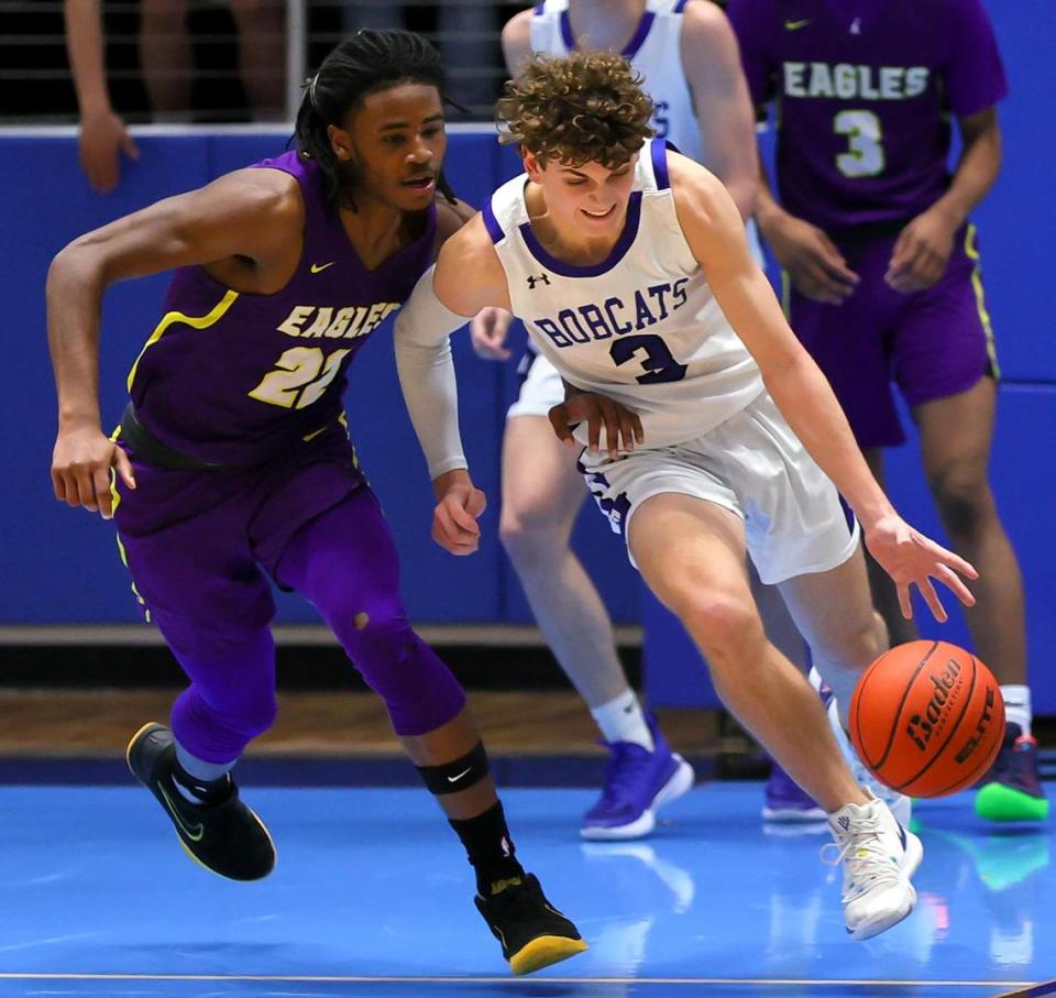 Byron Nelson guard Finley Bizjack (3) tries to dribble past Richardson guard Cason Wallace (22) during the first half of a 6A Region I Regional Semifinal Boys Basketball playoff game played on March 2, 2021 at Rock Hill High School in Frisco, TX. (Steve Nurenberg Special to the Star-Telegram)