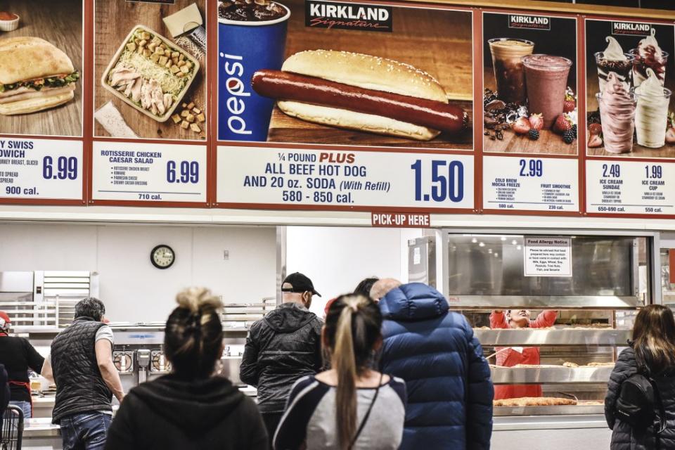 Costco's food court signage showing the Hot Dog and Soda special for $1.50.