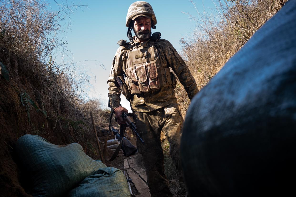Ukrainian serviceman of 24th brigade is seen at a frontline position near Bakhmut (Anadolu Agency via Getty Images)