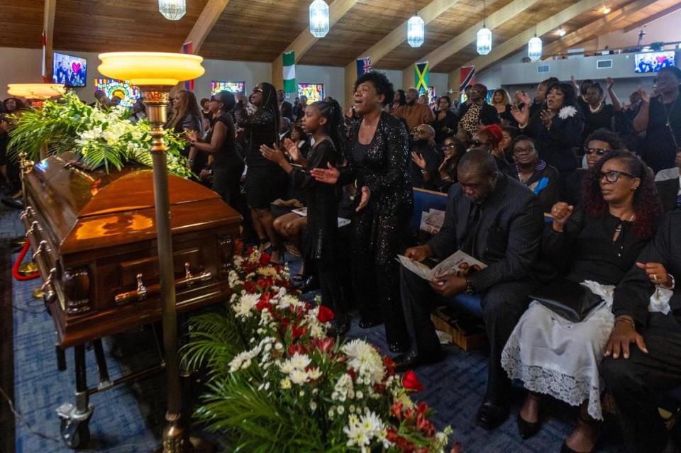 Mourners celebrate the life of Shirley Gibson at New Way Fellowship and Praise Worship Center in Miami Gardens on Tuesday. Gibson, who spearheaded the incorporation of Miami Gardens and was its first mayor, died Oct. 16.