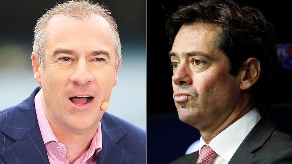 A split 50-50 image shows sports broadcaster Gerard Whateley the left, and AFL CEO Gillon McLachlan on the right.