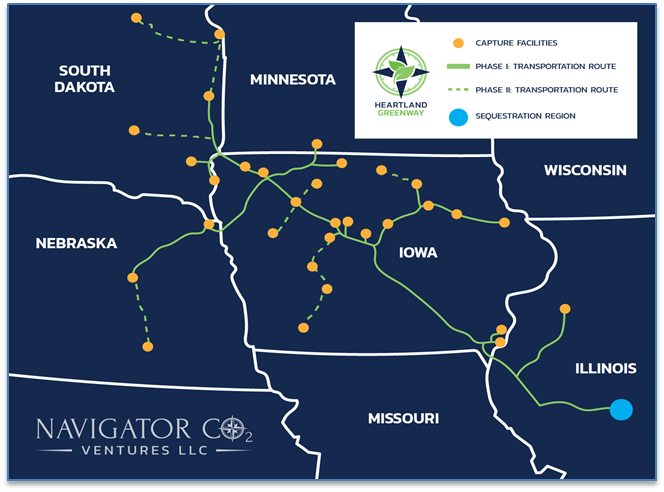 The latest version of Navigator Co.'s proposed Heartland Greenway carbon capture pipeline.
