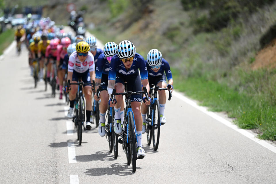 MIRADOR DE PEAS LLANAS SPAIN  MAY 05 Aude Biannic of France and Movistar Team leads the peloton during the 9th La Vuelta Femenina 2023 Stage 5 a 1292km stage from La Cabrera to Mirador de Peas Llanas 1479m  UCIWWT  on May 05 2023 in Mirador de Peas Llanas Spain Photo by Dario BelingheriGetty Images