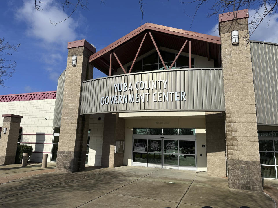 A sign marks the Yuba County Registrar of Voters office in Marysville, Calif. on Wednesday, Jan. 17, 2024. Authorities are investigating a suspicious envelope sent to the elections office in Yuba County on Wednesday morning that might have contained fentanyl. (AP Photo/Adam Beam)