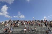 Fans watch from the grandstand while remaining socially distanced during an IndyCar auto race Sunday, Oct. 25, 2020, in St. Petersburg, Fla. (AP Photo/Mike Carlson)