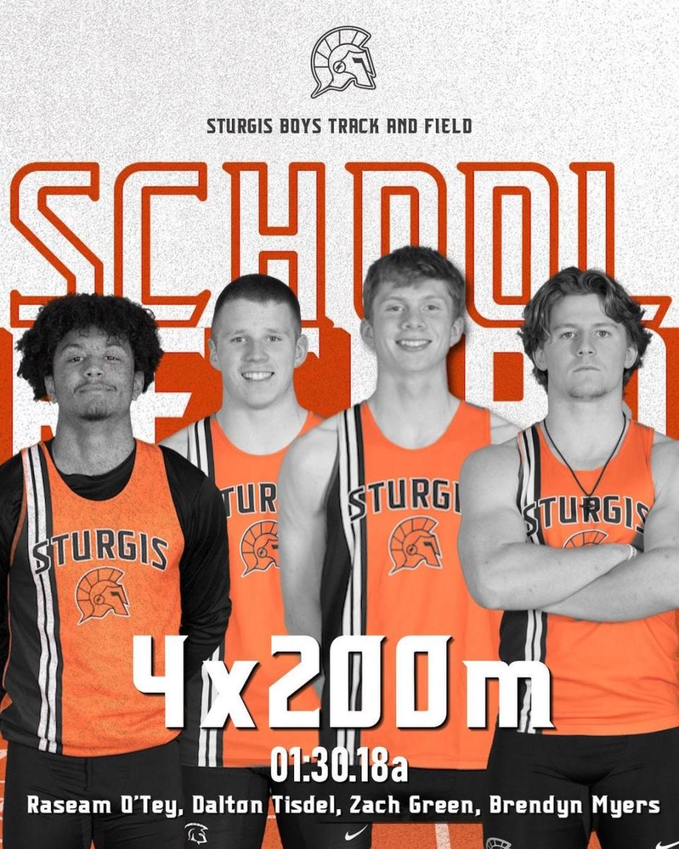 Sturgis' Rasean O'Tey, Dalton Tisdel, Zach Green and Brenden Myers broke the school record in the 800 relay on Friday.