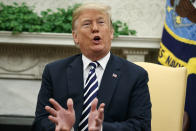 President Donald Trump speaks during meeting with Polish President Andrzej Duda in the Oval Office of the White House, Tuesday, Sept. 18, 2018, in Washington. (AP Photo/Evan Vucci)