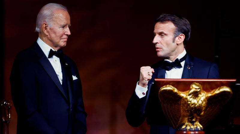 US president Joe Biden and French president Emmanuel Macron at a state dinner in December 2020.