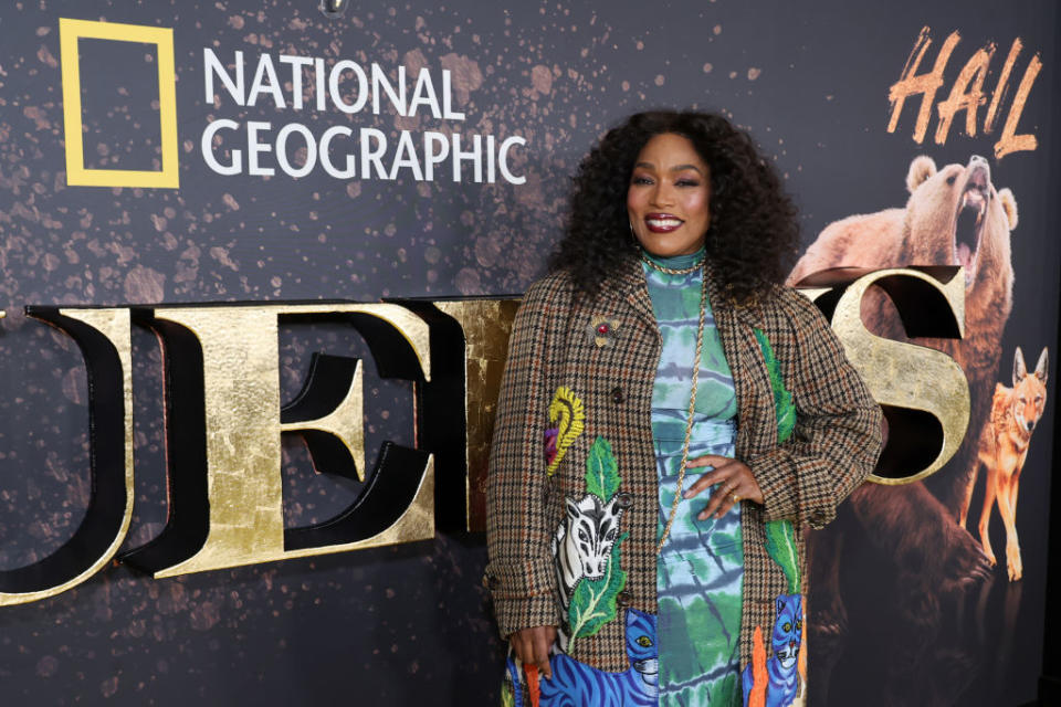 Angela in patterned dress at the national geographic premiere