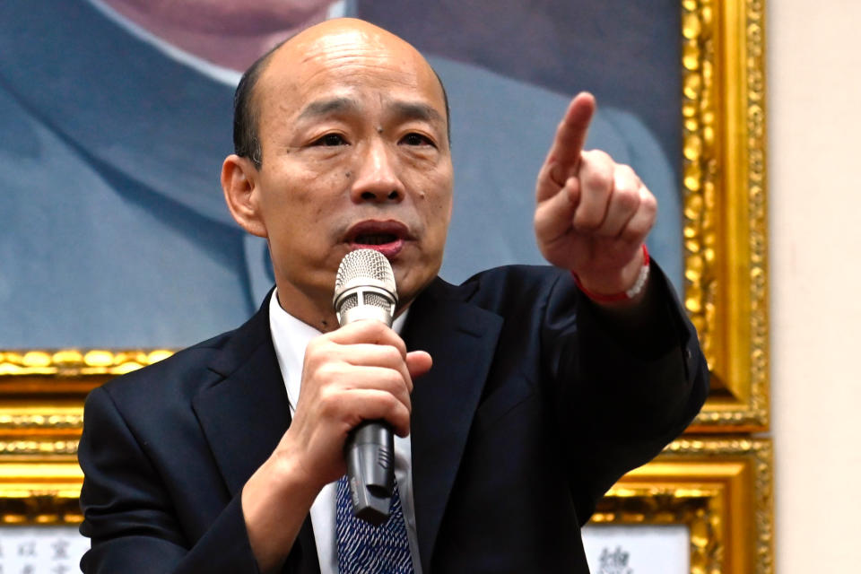 Kaohsiung Mayor Han Guo-Yu gestures during a press conference after meeting with Chairman of Taiwans main opposition Kuomintang (KMT) Wu Den-yih in Taipei in April 30, 2019. (Photo by Sam YEH / AFP)        (Photo credit should read SAM YEH/AFP/Getty Images)