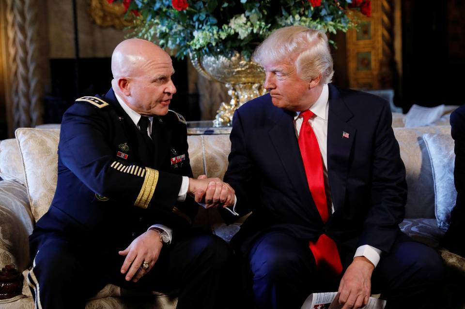 Trump shakes hands with his new national security adviser, Army Lt. Gen. H.R. McMaster, after making the announcement at his Mar-a-Lago estate in Palm Beach, Florida, on Feb. 20, 2017.