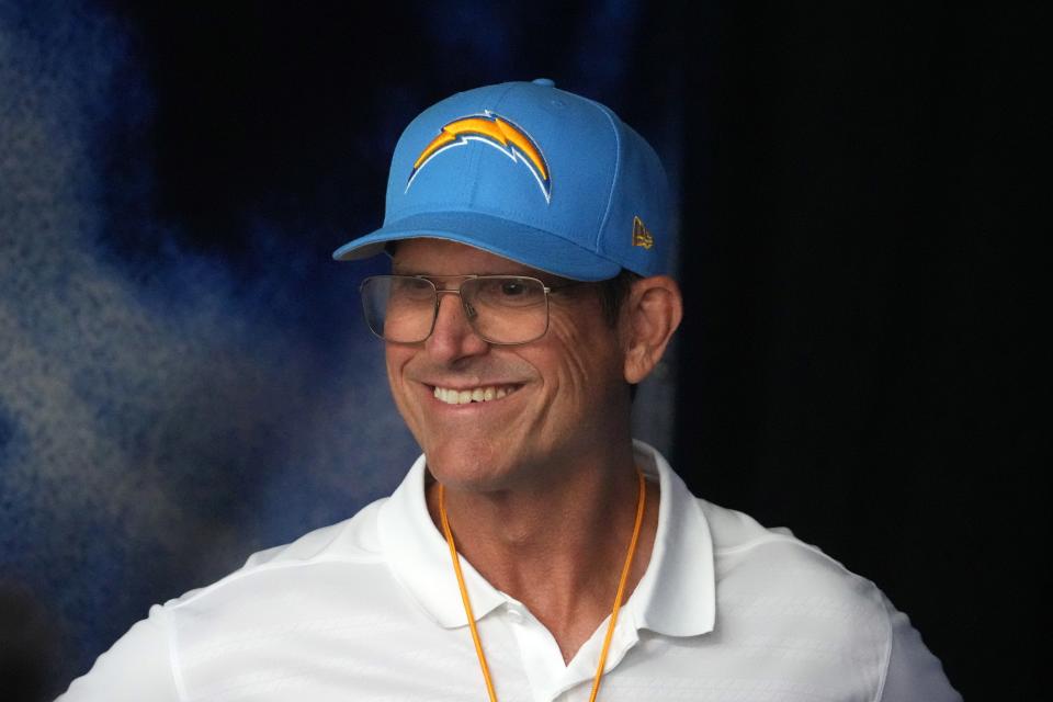 Aug 17, 2024; Inglewood, California, USA; Los Angeles Chargers coach Jim Harbaugh reacts against the Los Angeles Rams in the first half at SoFi Stadium. Mandatory Credit: Kirby Lee-USA TODAY Sports ORG XMIT: IMAGN-880853 ORIG FILE ID: 20240817_lbm_al2_790.JPG