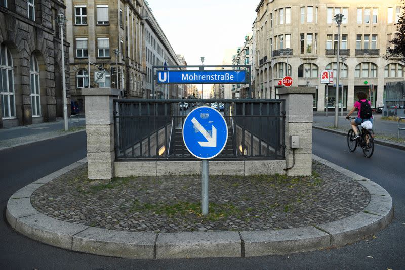 The entrance of "Mohrenstrasse" subway station is seen in central Berlin