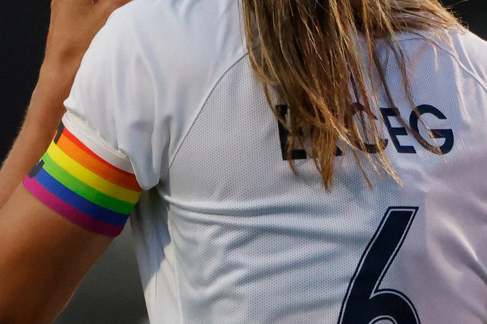 NC Courage captain Abby Erceg wears a rainbow armband for an opposing team's Pride game.