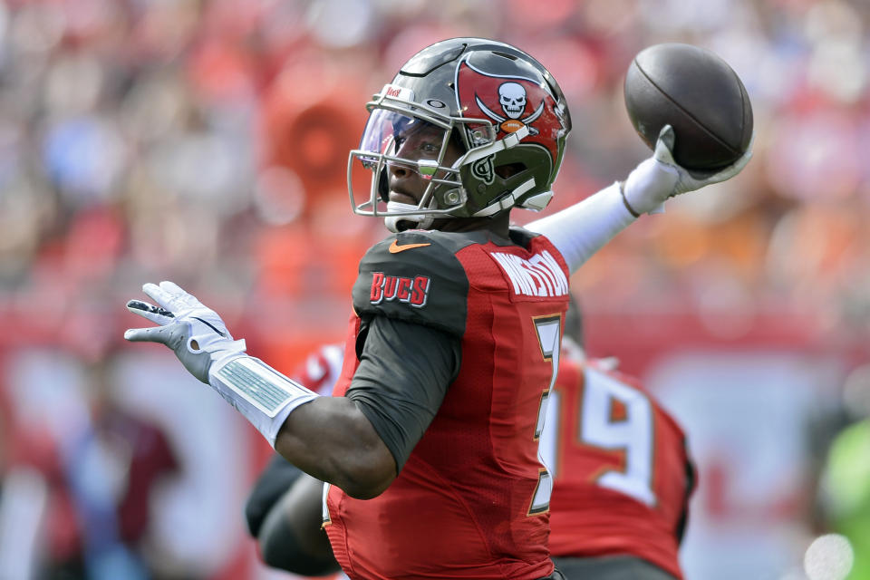 Tampa Bay Buccaneers quarterback Jameis Winston has joined the 5,000-yard club. (AP Photo/Jason Behnken)