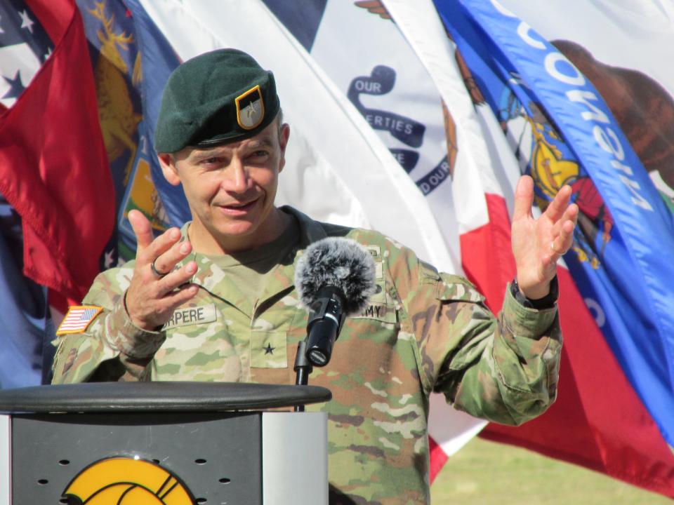 Brig. Gen. Guillaume "Will" Beaurpere, outgoing commander for the John F. Kennedy Special Warfare Center and School, makes remarks during a command change ceremony Friday, June 21, 2024, at Fort Liberty.