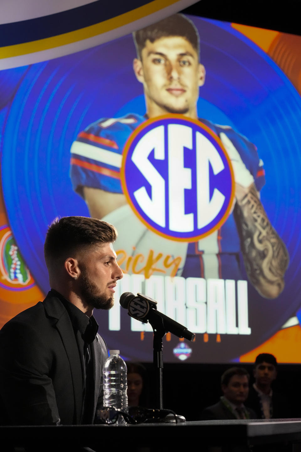 Florida wide receiver Ricky Pearsall responds to questions during NCAA college football Southeastern Conference Media Days, Wednesday, July 19, 2023, in Nashville, Tenn. (AP Photo/George Walker IV)