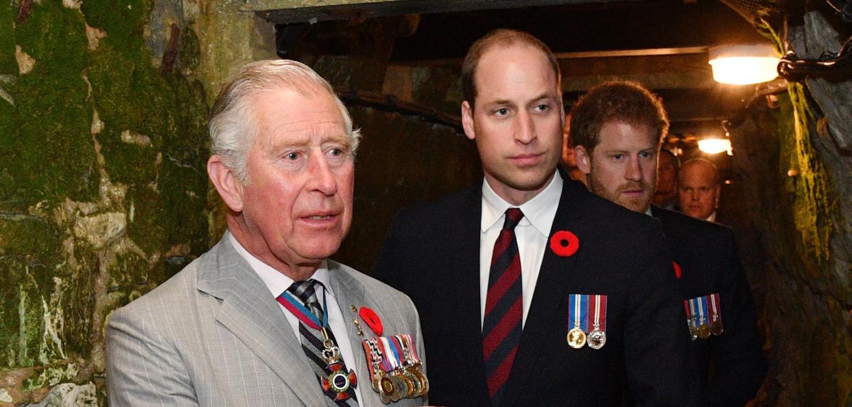 VIMY, FRANCE - APRIL 09: Prince Charles, Prince of Wales, Prince William, Duke of Cambridge and Prince Harry visit the tunnel and trenches at Vimy Memorial Park during the commemorations for the centenary of the Battle of Vimy Ridge on April 9, 2017 in Vimy, France. The Battle Of Vimy Ridge was fought during WW1 as part of the initial phase of the Battle of Arras. Although British-led, it was mostly fought by the Canadian Corps. A centenary commemorative service will be held at the Canadian National Vimy Memorial in France attended by the Prince of Wales, The Duke of Cambridge and Prince Harry and representatives of the Canadian Government. (Photo by Tim Rooke - Pool/Getty Images)