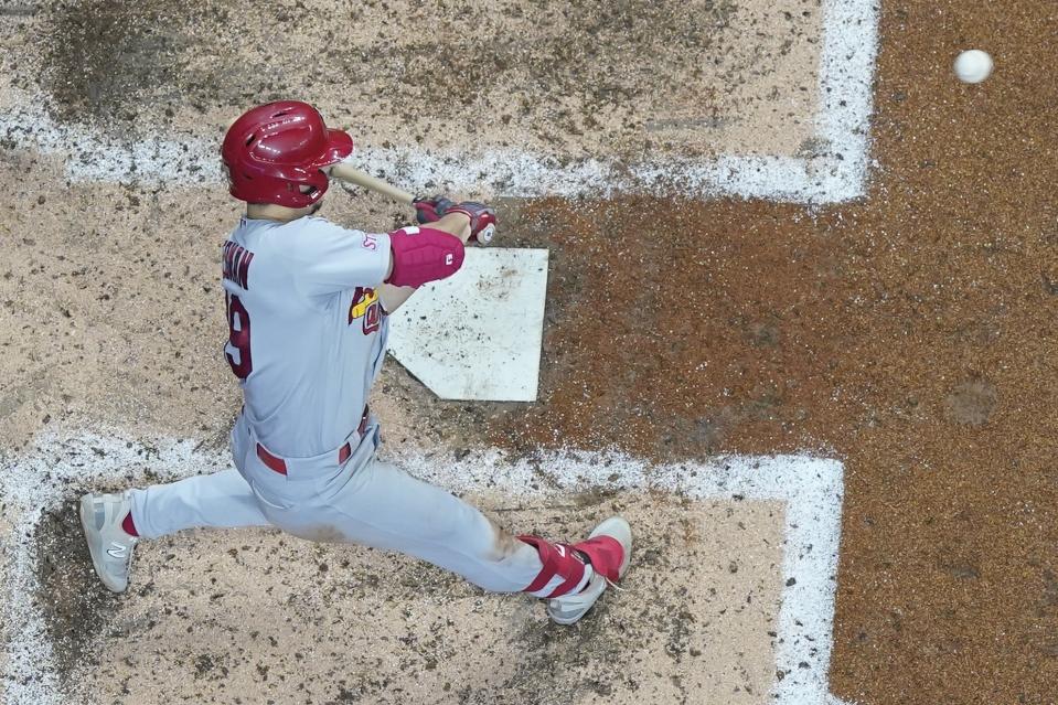 St. Louis Cardinals' Tommy Edman hits a home run during the fifth inning of a baseball game against the Milwaukee Brewers Tuesday, Sept. 26, 2023, in Milwaukee. (AP Photo/Morry Gash)