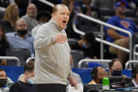 New York Knicks coach Tom Thibodeau reacts to a call by officials during the second half of the team's NBA basketball game against the Orlando Magic, Friday, Oct. 22, 2021, in Orlando, Fla. (AP Photo/John Raoux)