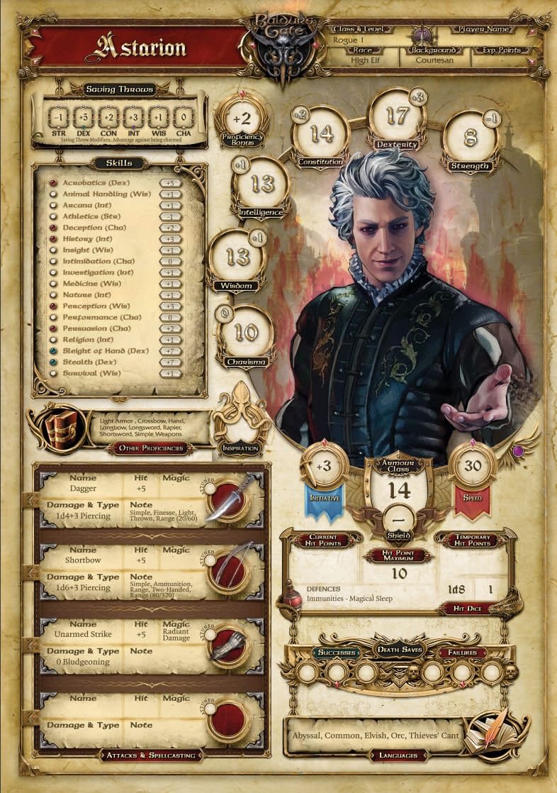 Baldur's Gate 3 Dungeons & Dragons D&D Character Sheet for Astarion