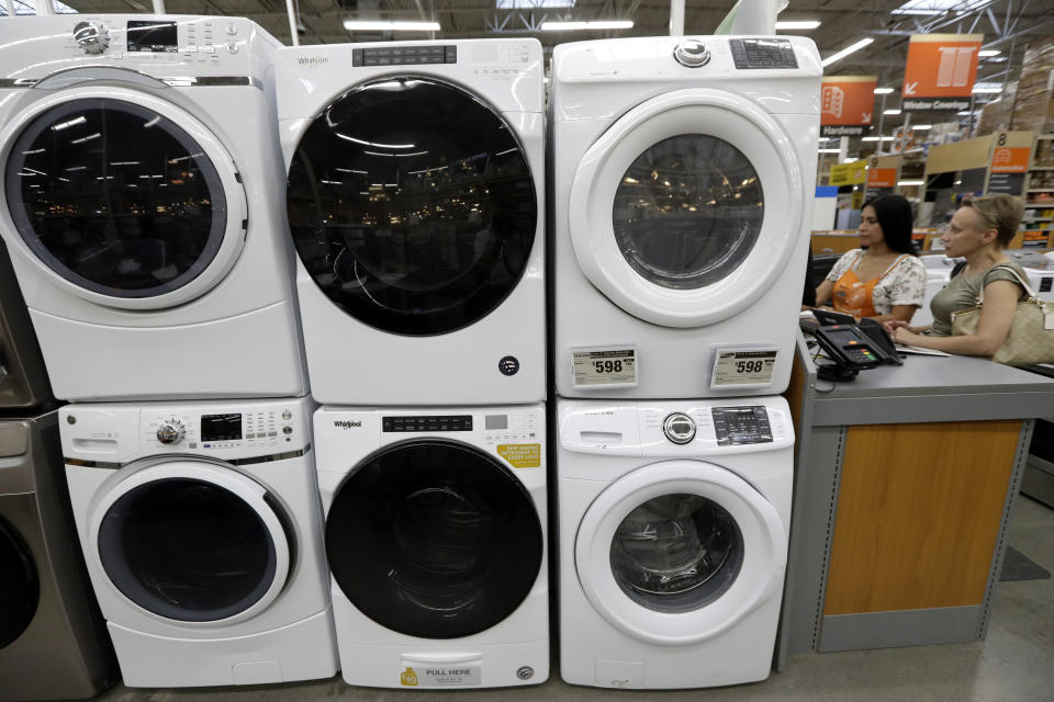 FILE - In this Sept. 23, 2019, file photo, clothes dryers, top, are stacked on top of washing machines at a Home Depot store location, in Boston. Orders to U.S. factories for big-ticket manufactured goods increased a weak 0.4% in August following a much larger July gain. The Commerce Department reported Friday, Sept. 25, 2020 that the August advance marked the fourth consecutive increase but was far lower than the 11.7% surge seen in July. (AP Photo/Steven Senne, File)