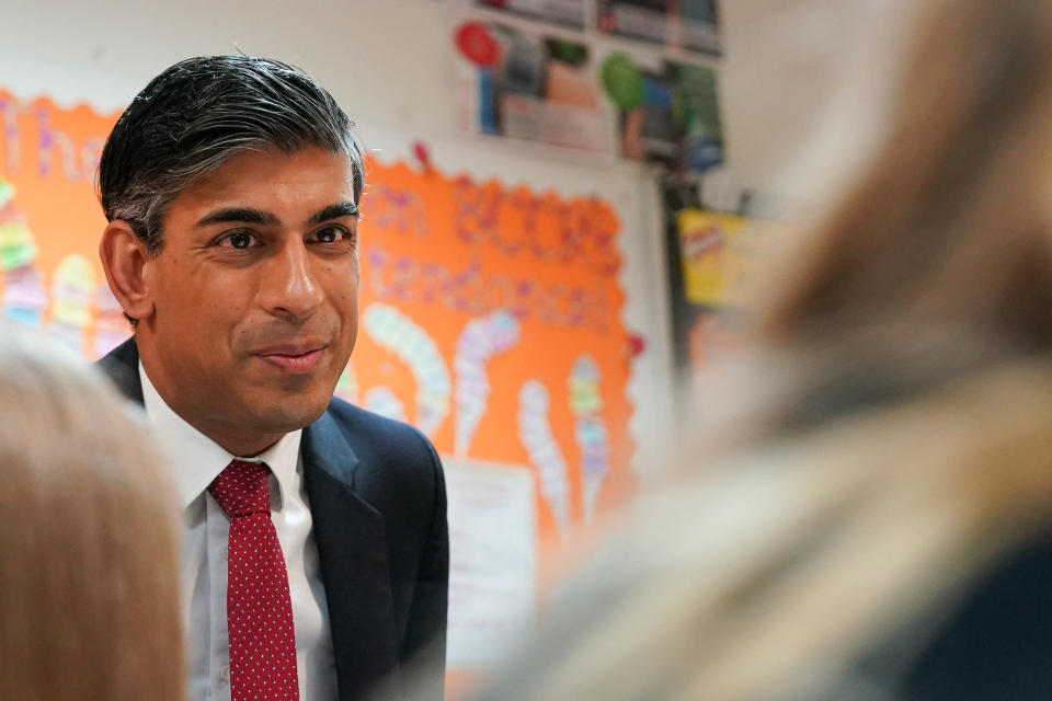 Britain's Prime Minister Rishi Sunak meets with students taking part in a personal development lesson as he visits Haughton Academy in Darlington, north east England, on January 29, 2024 to outline plans for the banning of single use vapes. The UK will introduce legislation to ban disposable e-cigarettes in order to tackle a rise in youth vaping, announced Britain's Prime Minister Rishi Sunak on January 29, 2024 during a visit to a school in Darlington. Health experts welcomed the proposal, with Chief Medical Officer Chris Whitty saying the legislation would have 