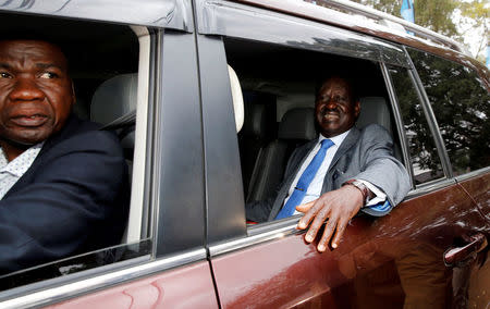 Kenyan opposition leader Raila Odinga, the presidential candidate of the National Super Alliance (NASA) coalition, is seen leaving the IEBC National Tallying Centre at the Bomas of Kenya, in Nairobi, Kenya August 11, 2017. REUTERS/Thomas Mukoya