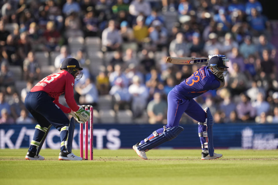 India's Suryakumar Yadav hits a shot during the first T20 international cricket match between England and India at The Ageas Bowl in Southampton, England, Thursday, July 7, 2022. (AP Photo/Matt Dunham)