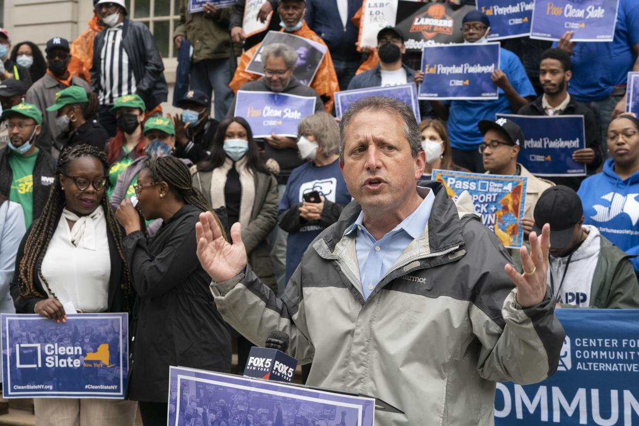 Comptroller Brad Lander speaks at a rally for the passage of the Clean Slate Act in front of New York City Hall Thursday, May 19, 2022 in Manhattan.