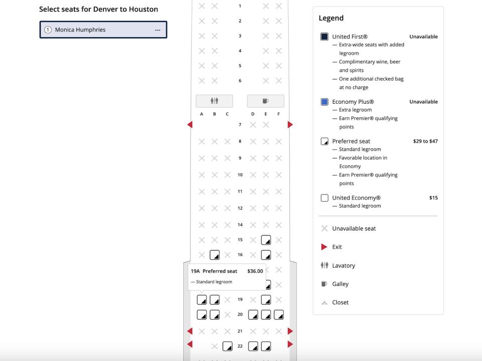 A screenshot of the seat selection on a United Airlines flight.