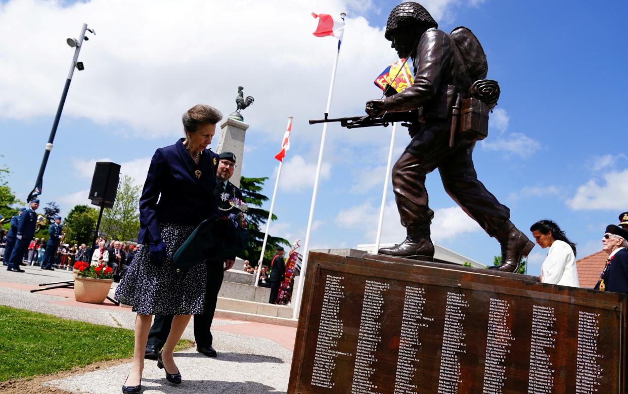 Britain's Princess Royal Anne attends a ceremony of unveiling of a statue of a Second World War Canadian Royal Regina Rifleman