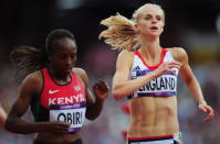 LONDON, ENGLAND - AUGUST 06: Hellen Onsando Obiri of Kenya and Hannah England of Great Britain compete in the Women's 1500m heat on Day 10 of the London 2012 Olympic Games at the Olympic Stadium on August 6, 2012 in London, England. (Photo by Stu Forster/Getty Images)