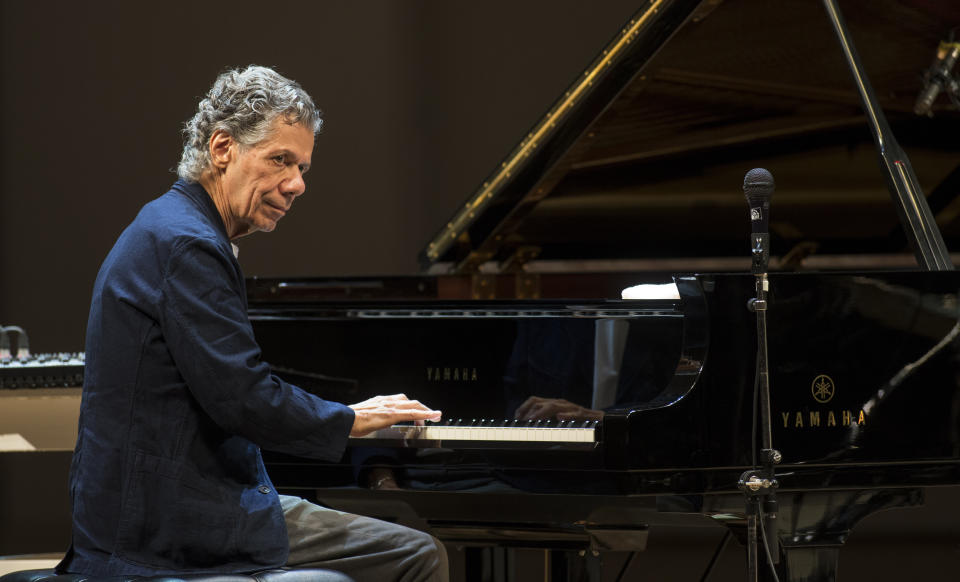 FILE - Chick Corea performs with Eddie Gomez and Brian Blade perform during their concert in Moscow, Russia, on May 15, 2017. Corea, a towering jazz pianist with a staggering 23 Grammy awards who pushed the boundaries of the genre and worked alongside Miles Davis and Herbie Hancock, has died. He was 79. Corea died Tuesday, Feb. 9, 2021, of a rare for of cancer, his team posted on his web site. His death was confirmed by Corea's web and marketing manager, Dan Muse. (AP Photo/Alexander Zemlianichenko Jr., File)