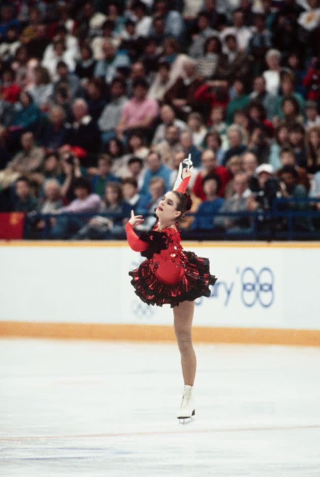 Katarina Witt won her second singles figure skating gold medal at the 1988 Olympic Games. (Photo: Wally McNamee via Getty Images)