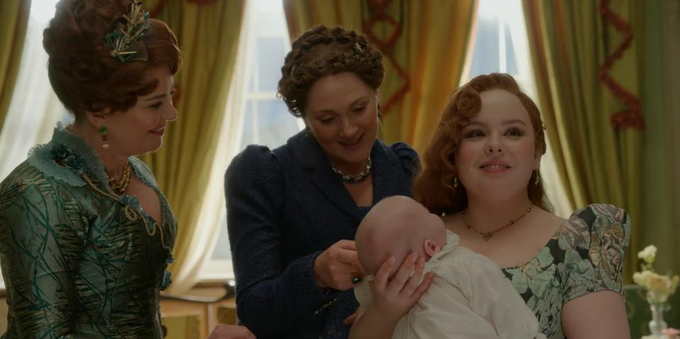 Polly Walker as Portia Featherington, Ruth Gemmell as Violet Bridgerton, and Nicola Coughlan as Penelope Bridgerton (née Featherington).