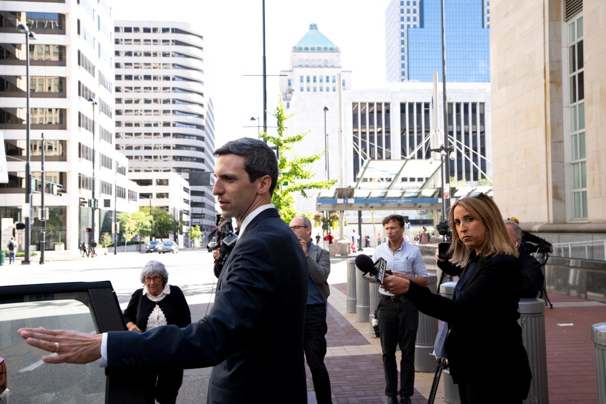 P.G. Sittenfeld, former Cincinnati City Council member, walks out to a car after being sentenced for bribery and attempted extortion at Potter Stewart U.S. Courthouse in Cincinnati on Tuesday, Oct. 10, 2023.