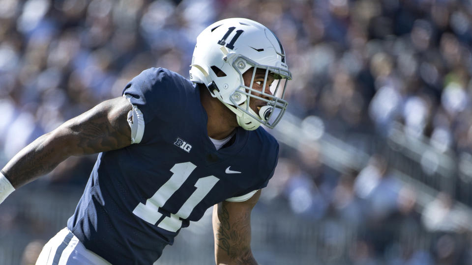 Penn State linebacker Micah Parsons (11) in action against Purdue during an NCAA college football game in State College, Pa., on Saturday, Oct. 5, 2019. (AP Photo/Barry Reeger)