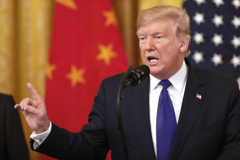 US President Donald Trump speaks during a signing ceremony for the US-China "phase-one" trade agreement in Washington, DC, US, on Wednesday.