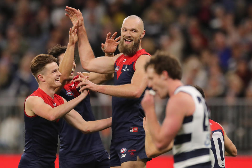 Max Gawn (pictured) celebrates after scoring a goal during the 2021 AFL  Preliminary Final match against Geelong.