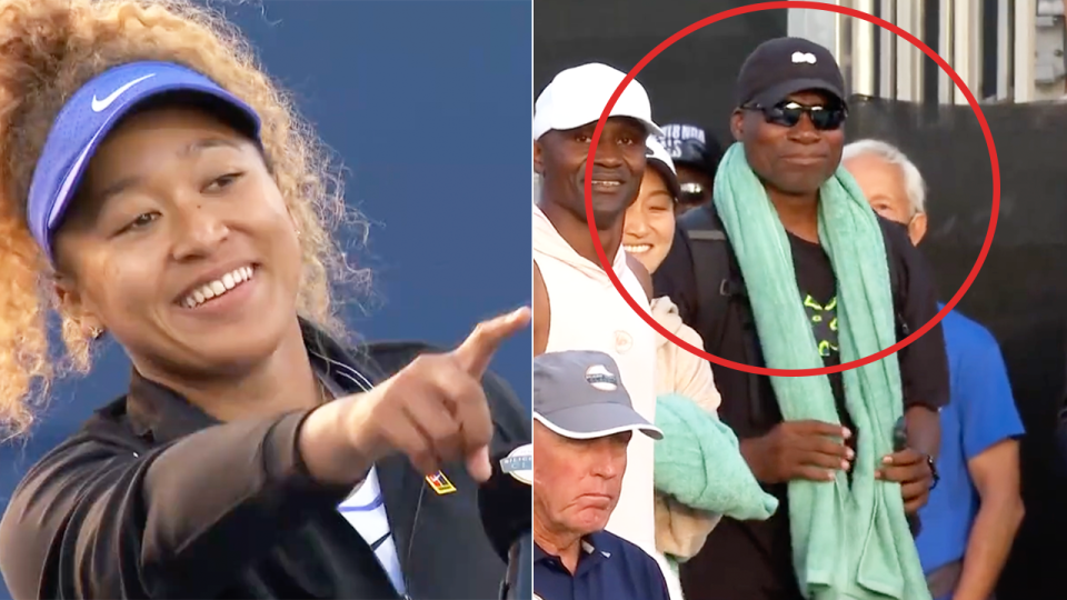 Naomi Osaka (pictured left) pointing out father during an interview and (pictured right) Osaka's father Leonard Francois in the crowd.