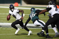 Baltimore Ravens' Lamar Jackson plays during the second half of an NFL football game against the Philadelphia Eagles, Sunday, Oct. 18, 2020, in Philadelphia. (AP Photo/Derik Hamilton)