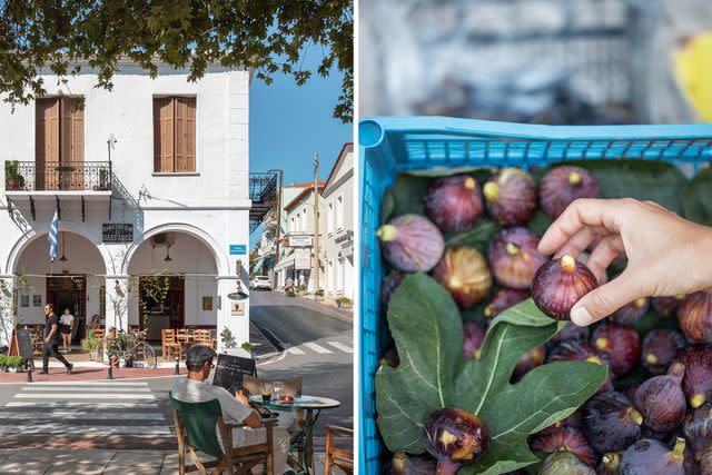 <p>Margarita Nikitaki</p> From left: Café culture in the nearby town of Pylos; fresh figs at the market in Pylos.