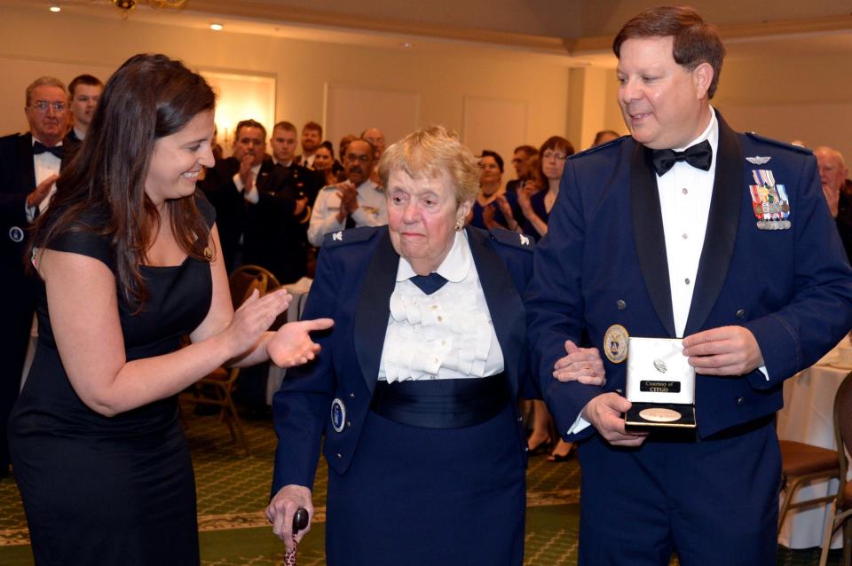 Civil Air Patrol Col. Johnnie Pantanelli of White Plains, center, was presented with the Congressional Gold Medal by U.S. Rep. Elise Stefanik, R-Willsboro, left.