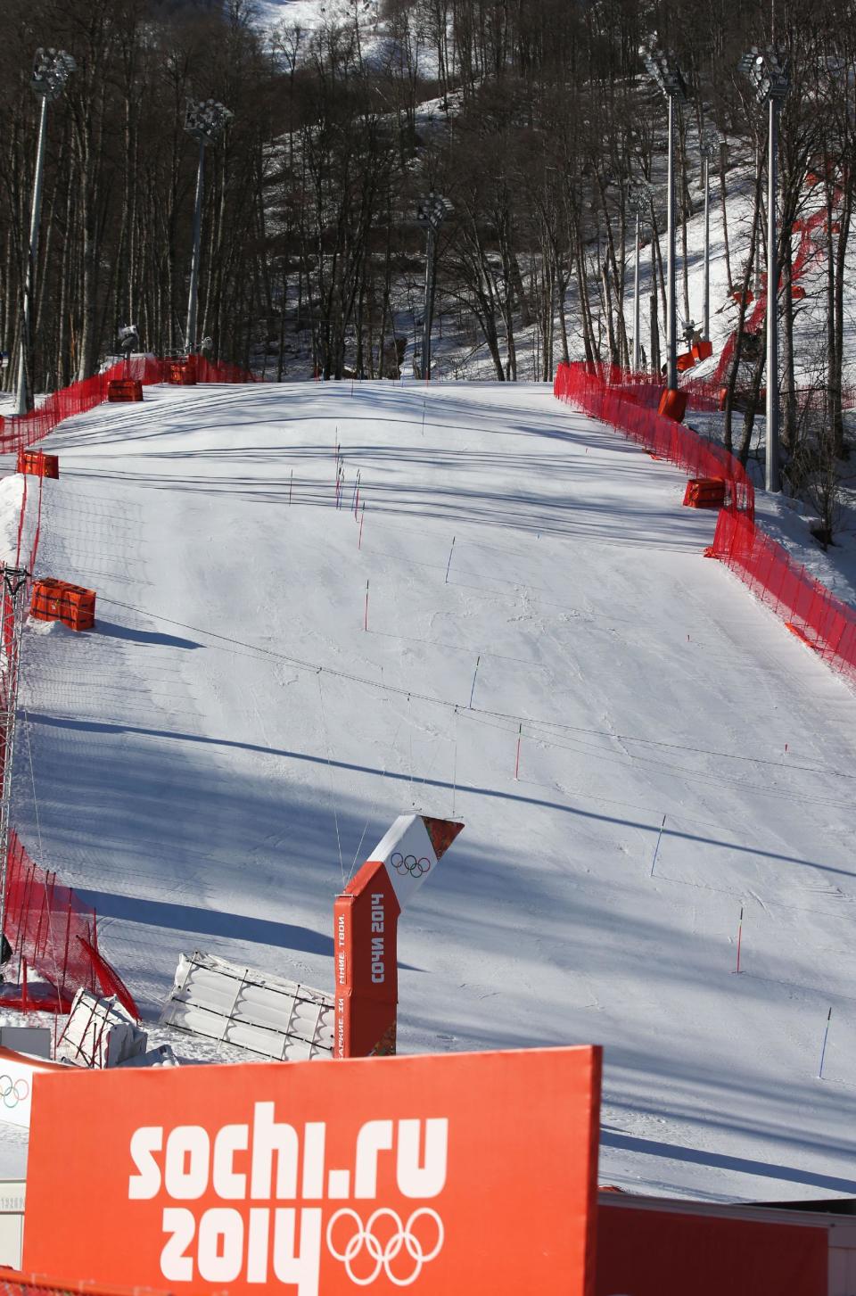 A view of the course that has been set up and will be used for men's super combined slalom at the Sochi 2014 Winter Olympics, Thursday, Feb. 13, 2014, in Krasnaya Polyana, Russia. (AP Photo/Luca Bruno)